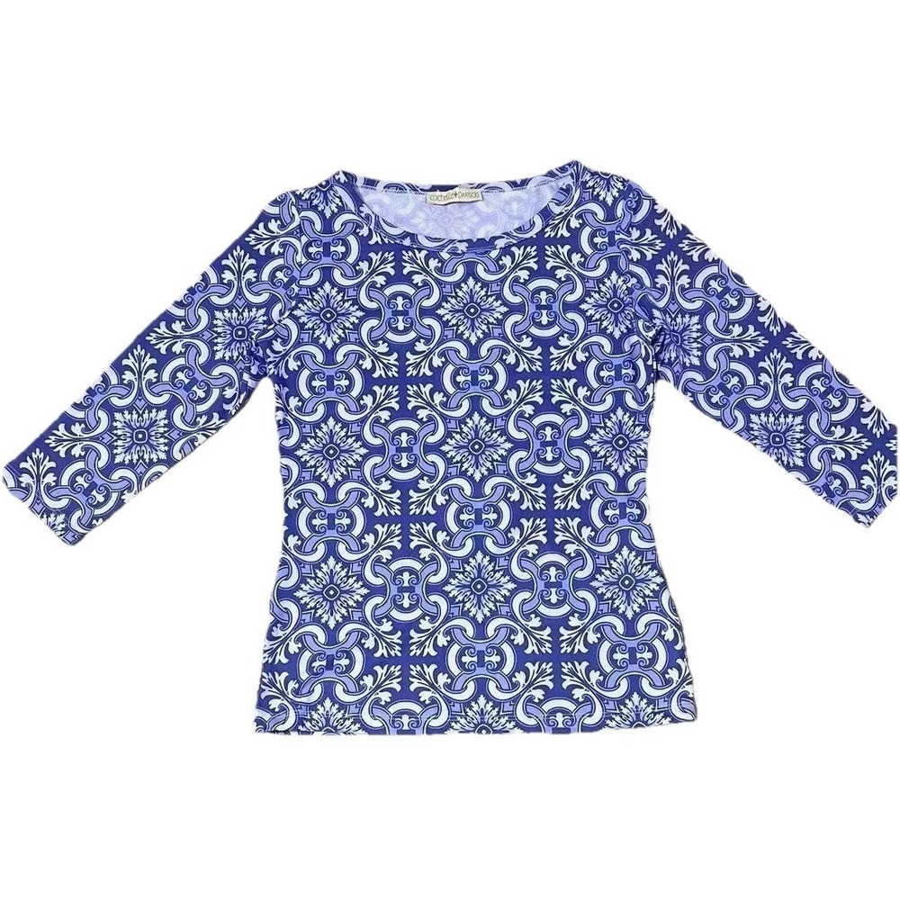 Michelle Parisou 3/4‎ Sleeve Blouse Small Blue White Geometric Scuba Stretchy